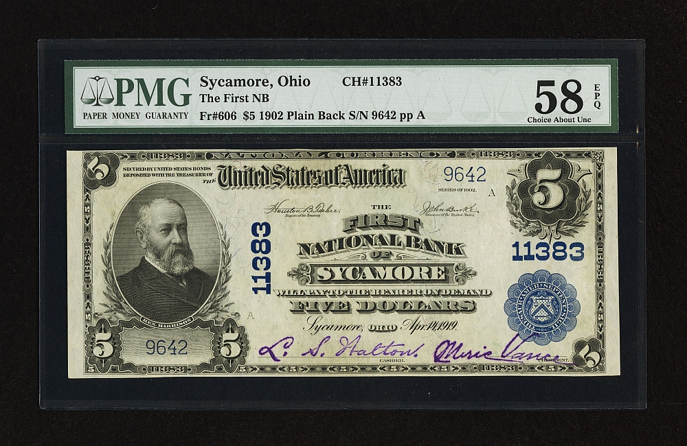 Sycamore, Ohio, Ch.#11383, 1902PB $5, Choice AU, PMG58-EPQ